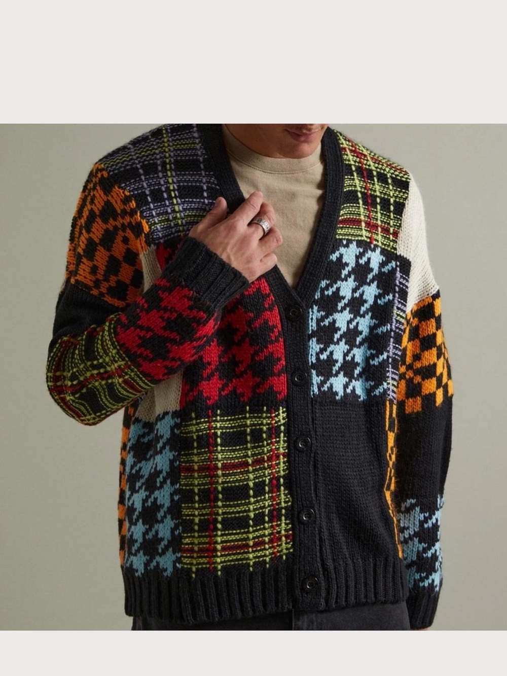 Men's Patchwork Houndstooth Knit Cardigan - Multicolor